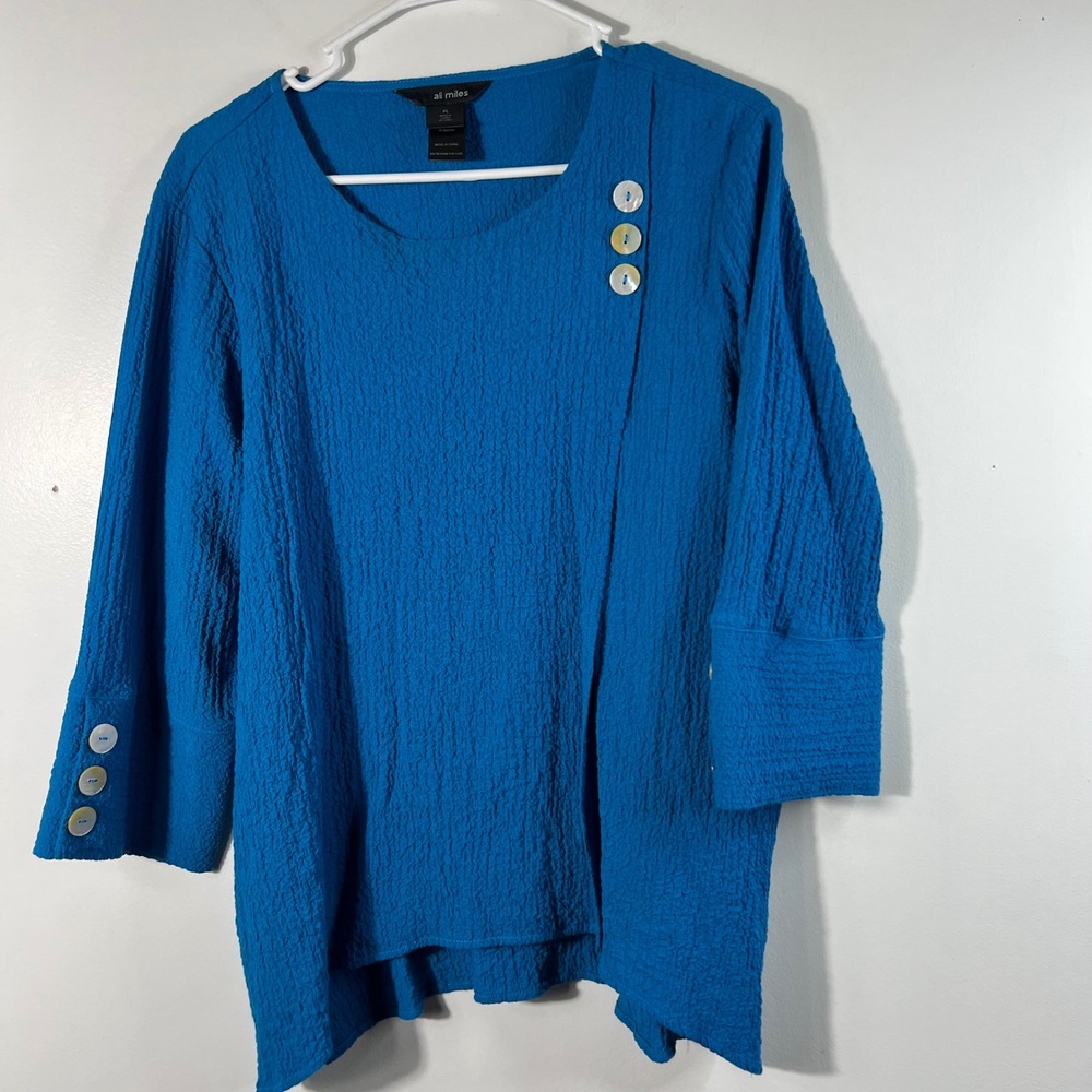 Womens Ali Miles Lagenlook Crinkle Tunic Button Detail 3/4 Sleeve Turquoise PL